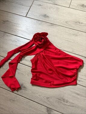 Red One-Shoulder Floral Accent Top - Women